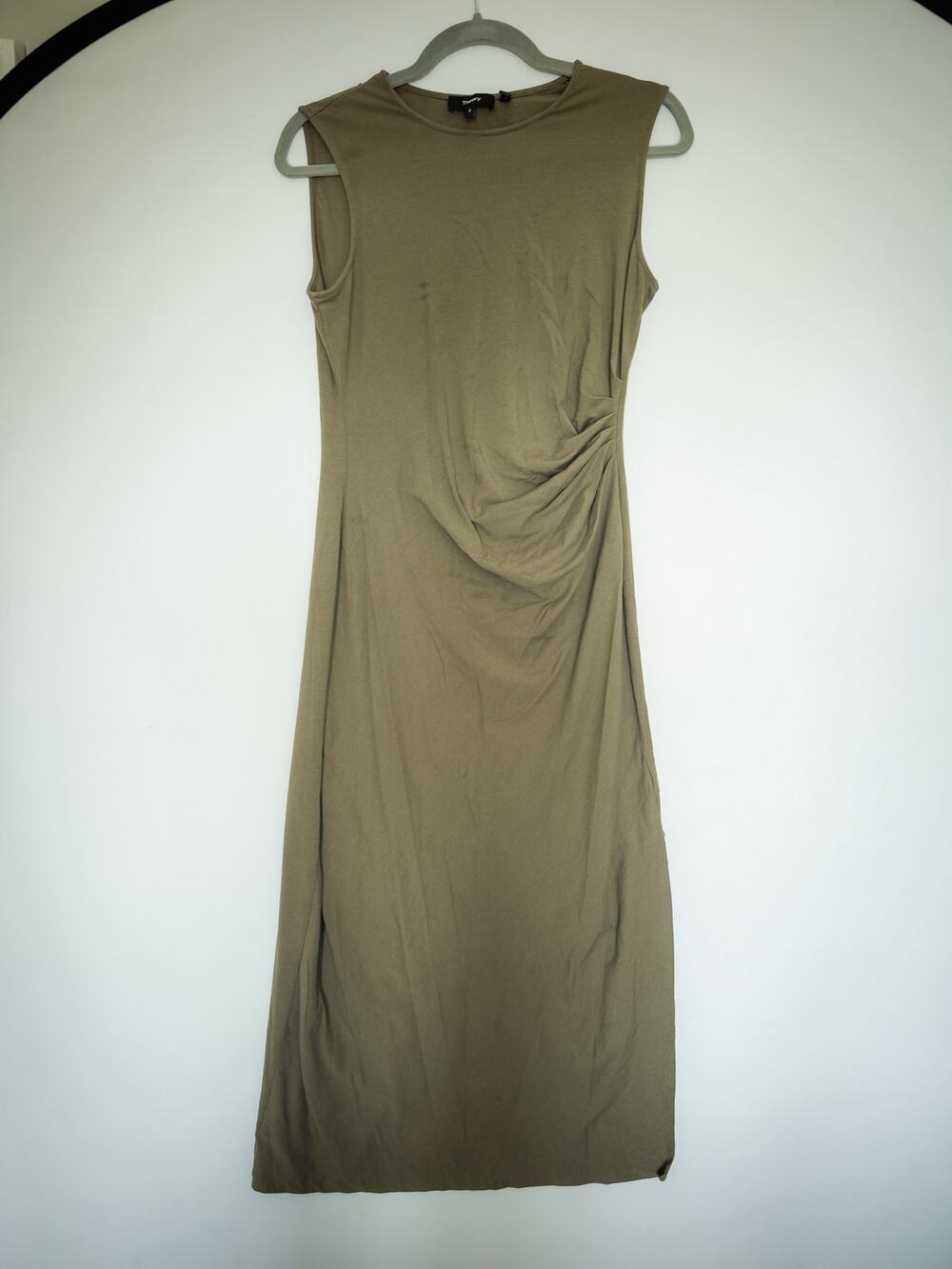 Theory Jorainna sleeveless crew neck Maxi sheath dress Olive Green Sz S Small